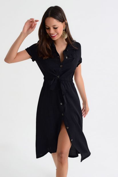 Cool & Sexy Kadın Siyah Gömlek Elbise SB37 - 2
