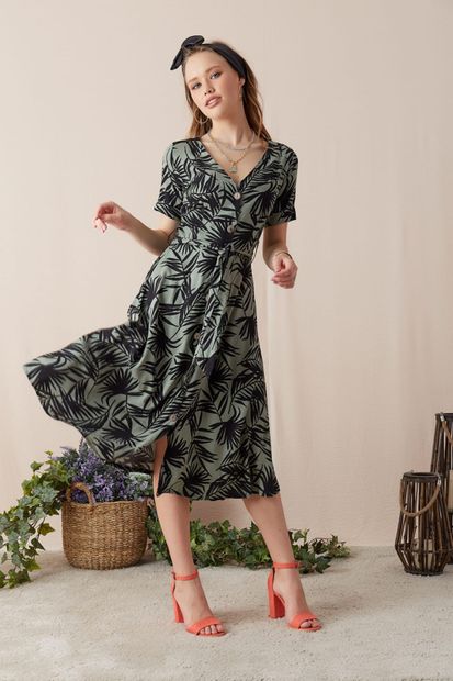 Eka Kadın Kuşaklı Astarlı Desenli Elbise-Haki-Siyah INT-0221-8081-Haki-Siyah - 3