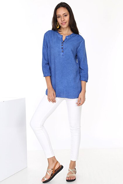 Patiska Kadın Mavi Önü Düğmeli Gömlek Bluz 4013 - 5