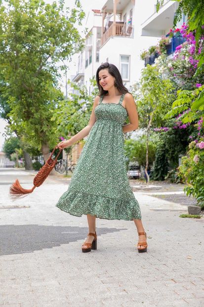 Eyyo Kadın Küçük Papatya Desenli Askılı Elbise T1245 - 3