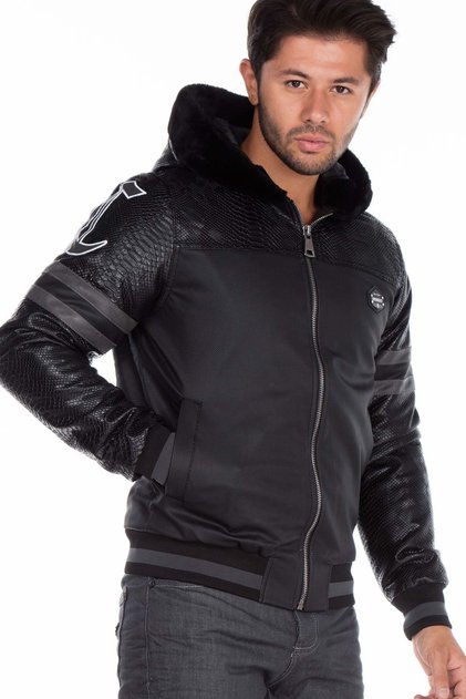 Cj177 Logo Printed Hooded Leather Black Men's Coat