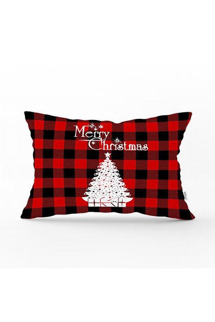 Black Red Plaid Patterned Christmas Themed Rectangular Throw Pillow Cover - 45x65 Cm
