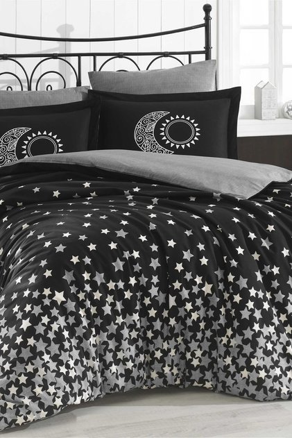 Poplin Double Duvet Cover Set Stars Black