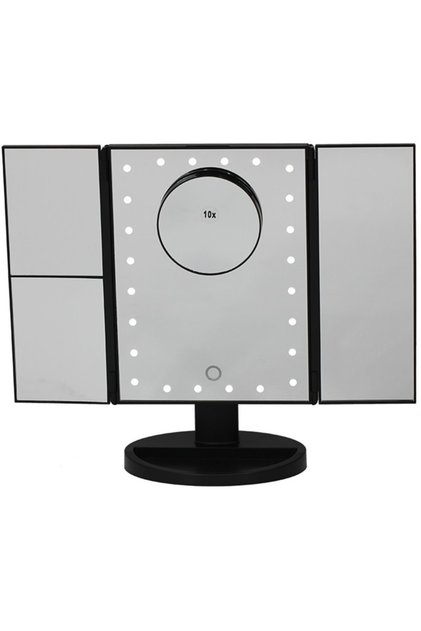 Lom2051- 24 Led Işıklı 1x-2x-3x+10x Zoom Makyaj Aynası, Katlanabilir, Dokunmatik (Siyah)