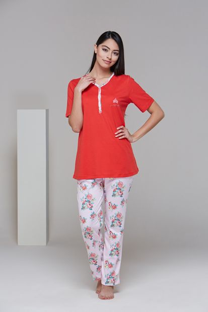 PJS Kadın Kırmızı Kısa Kol Pijama Takım 21454 - 1