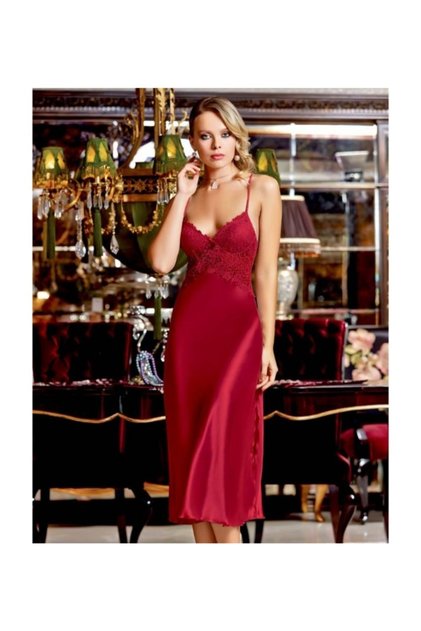 2874 Dowry Silk Satin Lace Double Long Nightgown Dressing Gown Set - Claret Red
