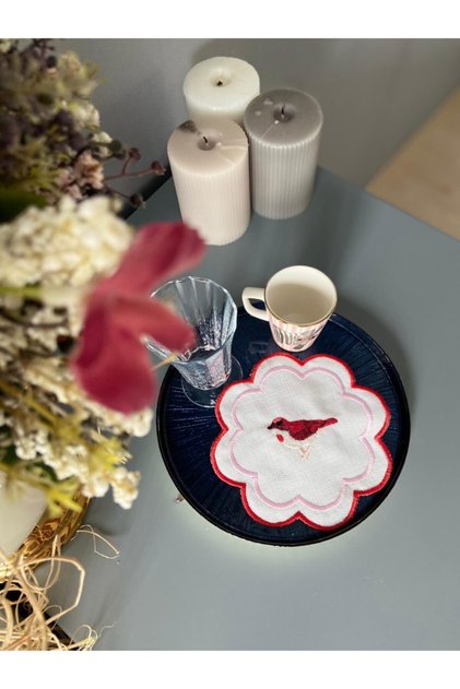 Cocktail Napkin Red Embroidered Set of 6 Pink Red
