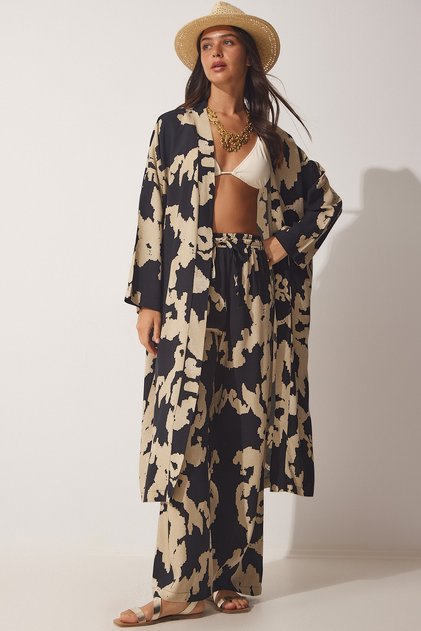 Γυναικείο σετ παντελονιών Viscose Kimono Palazzo σε μαύρο μπεζ σχέδιο CI00086