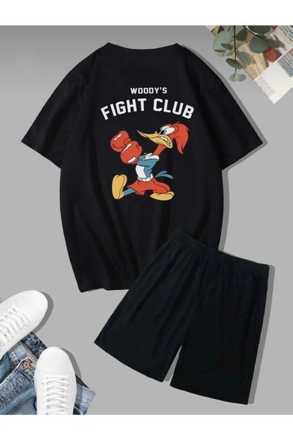 شورت تي شيرت Fight Club - تي شيرت أسود مع شورت علوي وسفلي مطبوع برقبة دائرية كبيرة الحجم