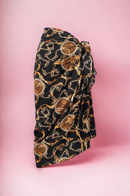 Black Chain and Belt Patterned Long Pareo Satin No Sheer Women's Beach Dress New Season