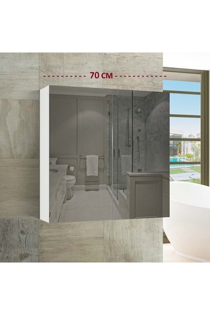 Çok Amaçlı Aynalı Banyo Dolabı 70x70 Beyaz Renk Lake