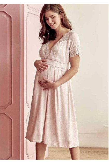 Powder Lace Detailed Maternity Nightgown Set New Season (1 Piece Economical)