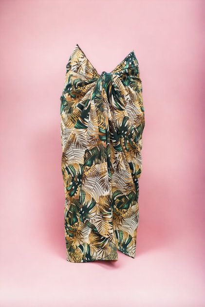 Big Yellow Green Monstera Patterned Long Pareo Satin Women's Beach Dress New Season