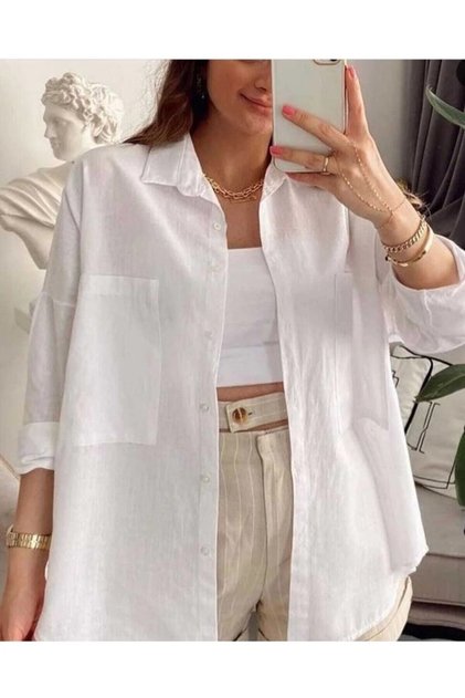 Women's Optical White Large Pocket Oversize Linen Shirt