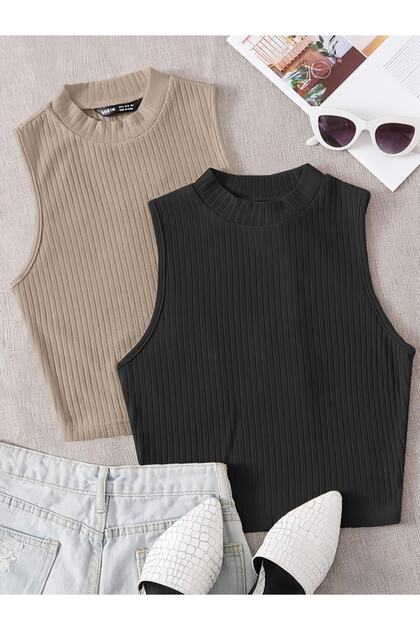 Women's 2-Piece Ribbed Cotton Knitted Camisole Crop Blouse Tank Top