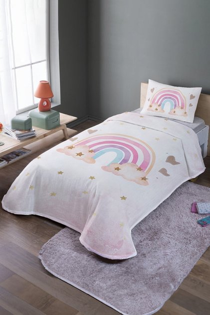 Powder Colored Rainbow Patterned Single Pique Set and Bedspread