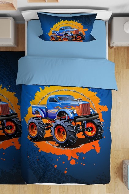 Blue Fire Monster Truck Patterned Single Baby Kids Bedding Set