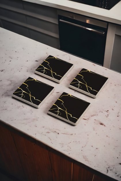 Siyah Kintsugi Sanatı, Kintsukuroi Art Doğal Taş Traverten Bardak Altlığı 4 Lü Set