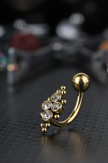 Cerrahi Çelik Zirkon Taşlı Ters Takılabilen Göbek Piercing Gold