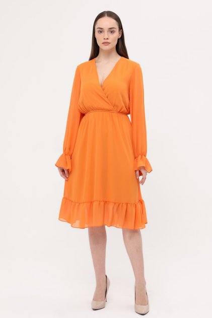 Women's Orange Lined Double Breasted Chiffon Dress