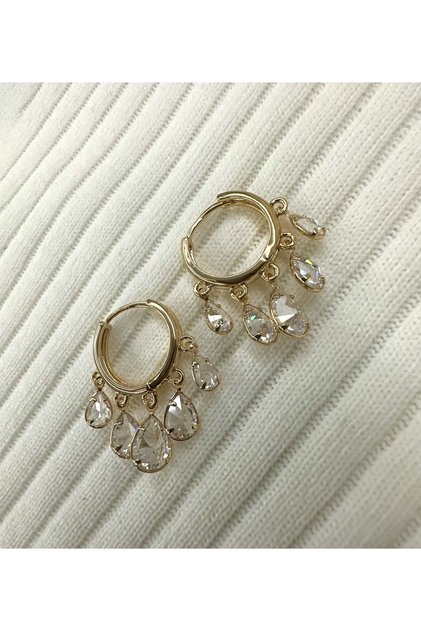 Gold / Gold Color Zircon Stone Dangle Hoop Earrings
