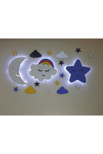 Çocuk Odası Dekoratif Ahşap Ay Gökkuşağı Bulut Yıldız Gece Lambası Ledli Aydınlatma