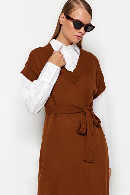 Trendyol Modest Dark Brown Belted Long Knitwear Sweater Dress  TCTAW24UV00020- Trendyol