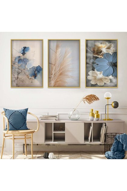 Gold Metal Framed Colorful Flower Triple Unbreakable Glass Table Set