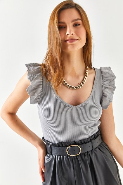 Women's Gray Front Back V Shoulder Ruffle Knitwear Blouse BLZ-19001097