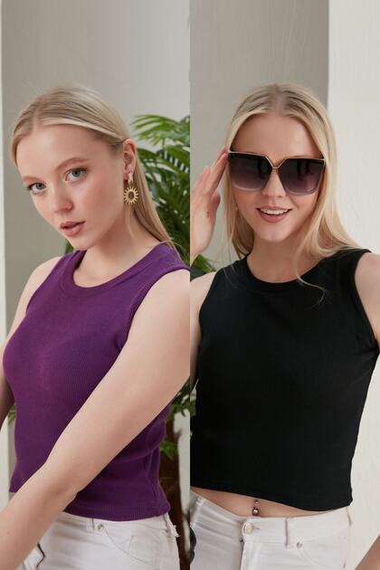 Women's Black Purple Halter Neck 2-Piece Crop Blouse