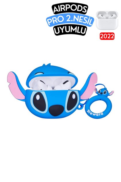 Pro 2. Nesil Uyumlu Stitch Figürlü Sevimli Kopçalı Koruyucu Kulaklık Kılıfı, Darbe Emici Kılıf