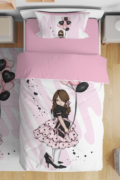 Pink Balloon Little Girl Patterned Single Baby Kids Bedding Set