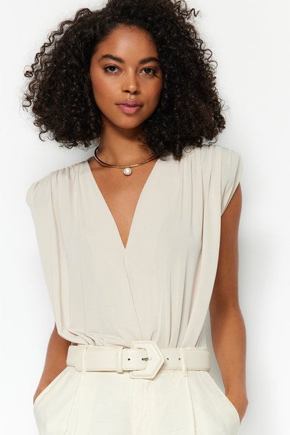 Stone Padded Double Breasted Collar Flexible Snap Knitted Body TWOSS23BD00007