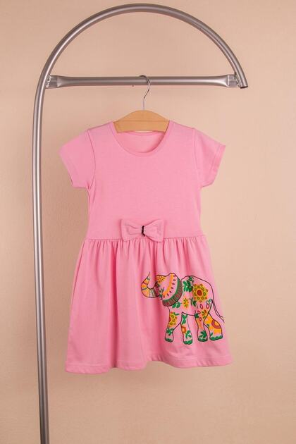 Girl's Elephant Printed Short Dusty Pink Dress