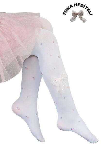 Children's Dot White Glitter Polka Dot Patterned Mousse Pantyhose with Bow Accessories