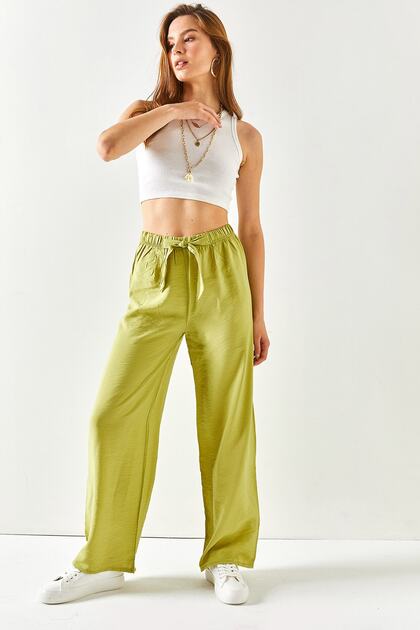 Women's Pistachio Green Belted Elastic Waist Palazzo Ayrobin Trousers PNT-19000200