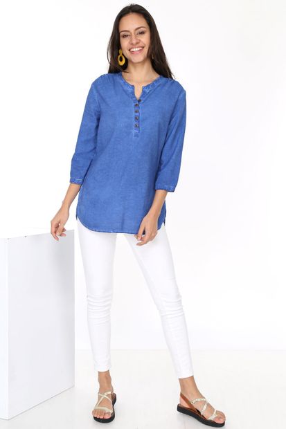 Patiska Kadın Mavi Önü Düğmeli Gömlek Bluz 4013 - 4