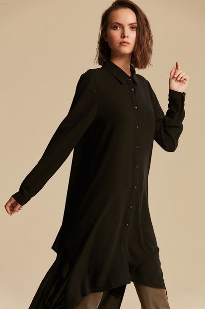 Nihan Kadın Siyah Gömlek Yaka Tunik 9A5066 - 2
