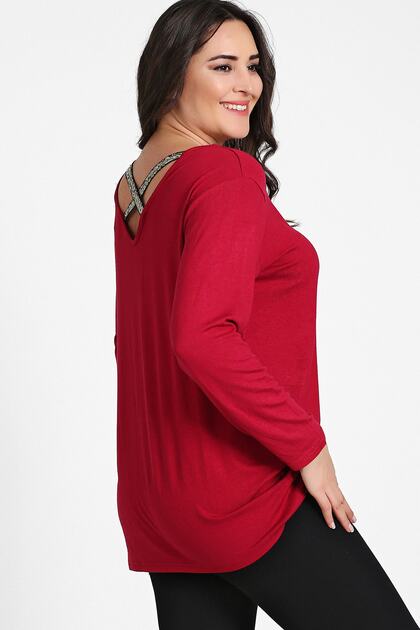 Women's Burgundy Back Cross Gold Sequin Stripe Long Sleeve Blouse M9280