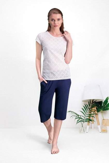 Women's Cream Color Short Sleeve Capri Pajama Set 7569