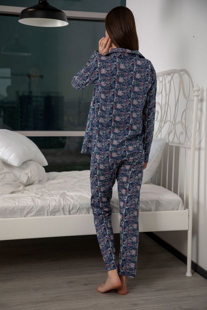 Siyah İnci Kadın Desenli Pamuklu Likralı Boydan Düğmeli Pijama Takım - 3