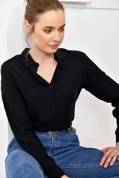 Trend Alaçatı Stili Kadın Siyah Dokuma Viscon Basıc Gömlek DNZ-3096 - 4
