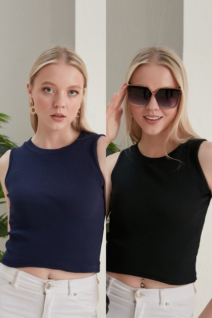 Women's Black Navy Blue Halter Neck 2-Piece Crop Blouse