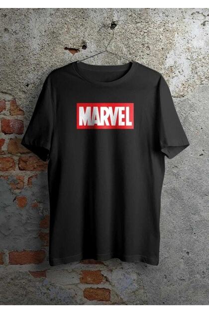 Unisex Marvel Logo Baskılı Bol Kesim Oversize Siyah T-shirt Rvs