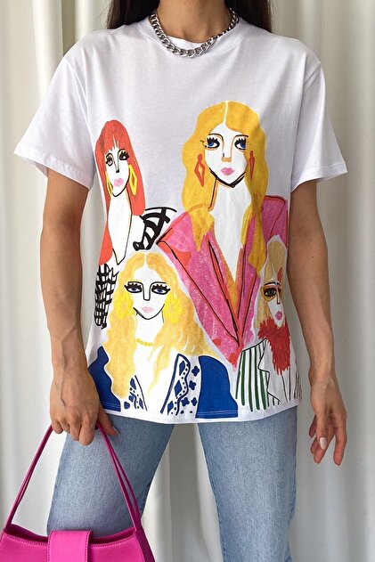 FEMELLE Women's White New Season Printed Cotton T-Shirt- Trendyol
