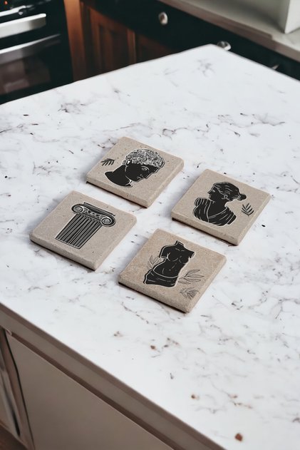 Antique Greek Statues Themed Natural Stone Travertine Coasters Set of 4