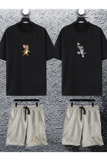 Unisex Women Men Cute Tom and Jerry Printed Lover Couple Combination Design Oversize Tshirt and Shorts