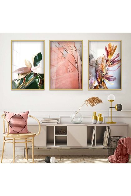 Gold Metal Framed Collage Drawing Triple Unbreakable Glass Painting Set