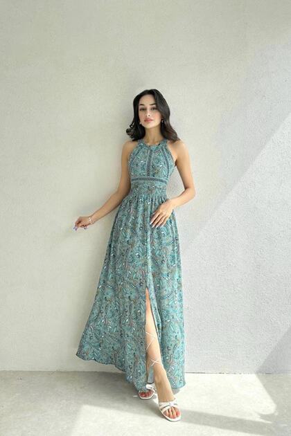 LUNAButik Paisley Patterned Backless Midi Length Samara Dress Green-  Trendyol