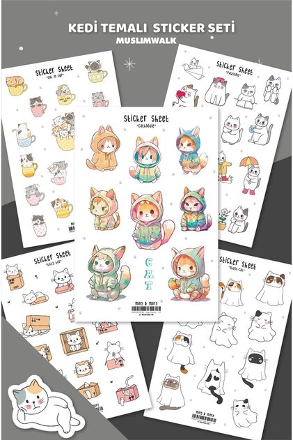 Katze - Kedi Temalı Kedili 5'li Sticker Seti (Kittybox, Cat in Cups, Pawsome, Ghostcat, Cathoodie)